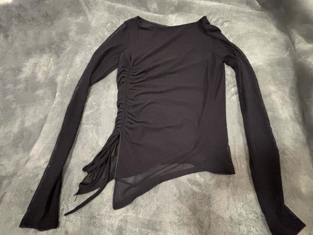 Chocolate Branded Black Mesh Ruched Asymmetrical Long Sleeve Top